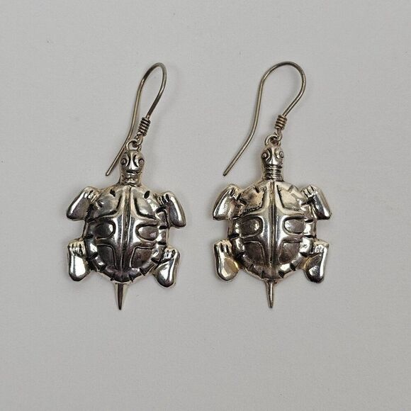 Sterling Silver 925 Sea Turtle Earrings Dangle Hook Pierced Nautical Beach - Picture 2 of 8